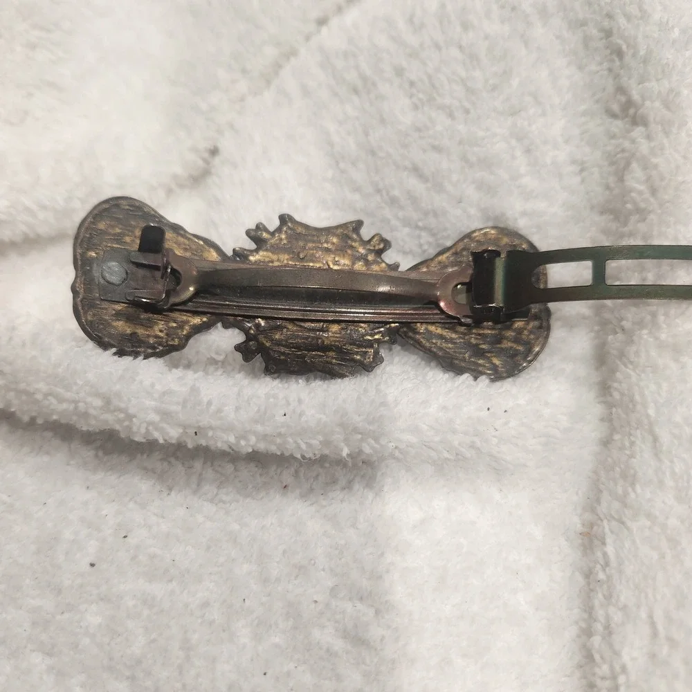 Vintage Bronze Heraldic‎ Crest Hair Barrette Medieval Lion Shield Knight Gothic